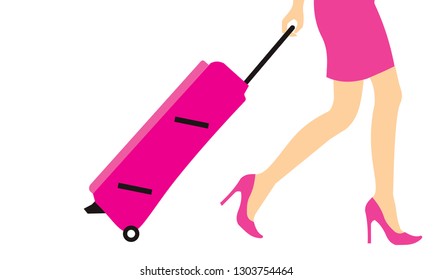 woman walking and dragging pink luggage vector illustration isolated