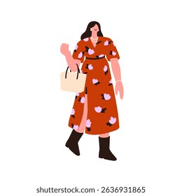 Woman walking in dress. Young attractive female holding bag, wearing boots and jewellry, modern style accessories. Fashion outfit, clothing. Flat vector illustration isolated on white background