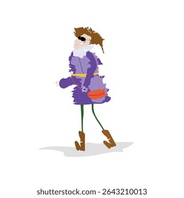 Woman walking in dress. Young attractive female holding bag, wearing boots and jewellry, modern style accessories. Fashion outfit, clothing. Flat vector illustration isolated on white background
