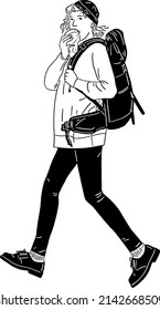 Woman walking eat Burger Tourist with Backpack Hand drawn line art illustration
