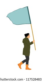 Woman walking with flag vector illustration isolated on white background. Angry protester on the street. Fighter for labor rights. Human rights agitation. Factory strike, walkout. Sport supporter fan.