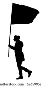 Woman walking with flag vector silhouette illustration isolated on white background. Angry protester on the street. Fighter for labor rights. Human rights agitation. Factory strike, walkout.