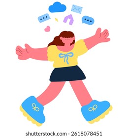 Woman walking with floating icons including speech bubble, home, e-mail, and cloud, digital lifestyle and connectivity concept flat vector illustration