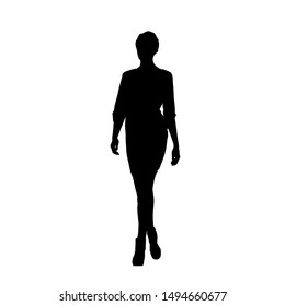 Woman Walking Forward, Isolated Vector Silhouette. Slim Body, High Heels, Short Hair, Long Legs. Young Adult Lady