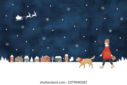 Woman walking with golden retriever at Christmas snowy night