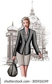 Woman walking at the "grand boulevard" in Paris - vector illustration