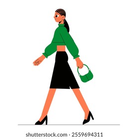 Woman Walking With Green Handbag And Wearing Black Skirt In Flat Vector Illustration Symbolizing Fashion, Style, And Confidence, Isolated On White Background