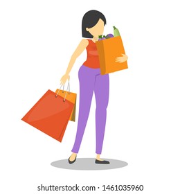 Woman walking from the grocery store with shopping bags. Female person with food vector isolated. Vegetable from the supermarket.