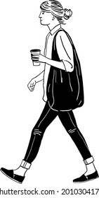 Woman walking hand holding Coffee cup city People Casual lifestyle Hand drawn line art Illustration	