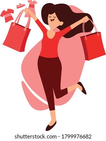 A woman walking hapily while holding shopping bags