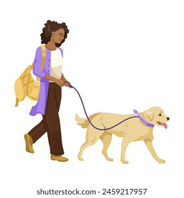 A woman walking a happy dog on a leash, isolated on a white background, Vector illustration. Vector illustration