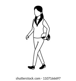 Woman walking with helmet bike in black and white