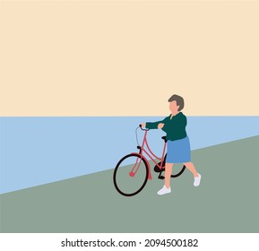 Woman walking with her bicycle at park. Enjoying nature views during walk. Healthy urban worker lifestyle concept.