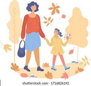 Woman walking with her child autumn park or forest isolated on white vector, illustration. in outdoors. Happy family time in autumn season scenery, color trees and leaves. Concept of happiness and