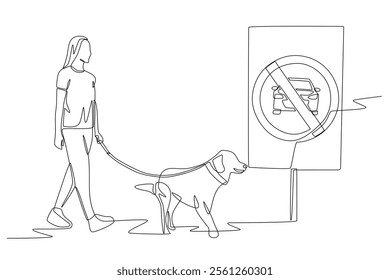 Woman walking with her dog in car free zone area. Car free zones concept one-line drawing