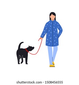 Woman walking her dog. Woman and dog walking. Flat vector illustration