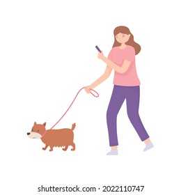 woman walking her dog isolated icon