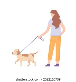 woman walking with her dog isolated