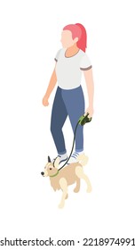 Woman walking her dog on leash 3d isometric vector illustration