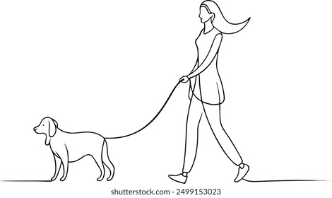 A woman is walking her dog on a leash. The dog is a small breed and he is well-behaved