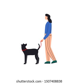 Woman Walking Her Dog. Woman And Dog Walking A Side View. Flat Vector Illustration