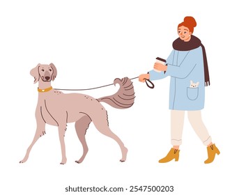 Woman walking her graceful greyhound outdoors. Pet owner with a dog. Flat vector illustration.