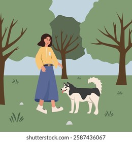 Woman walking her husky in the park. Playing with husky dog. People with the pet. Girl with animal. Flat illustration.