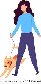 Woman walking her playful orange dog on a leash. Female pet owner enjoying a fun walk with her energetic puppy. Cheerful dog walking moment vector illustration.