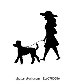 woman walking with her poodle dog silhouette vector illustration