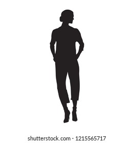 Woman walking in high heels shoes, jacket and trousers. Hands in pockets. Isolated vector silhouette