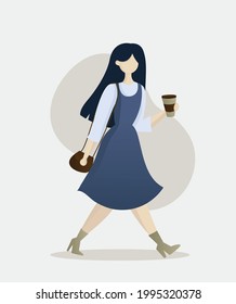 Woman Walking Holding Coffee Cup Vector Illustration