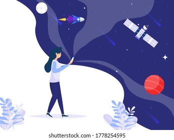 Woman walking holding a mobile to find ideas in a space. concept of technology. Vector illustration.
