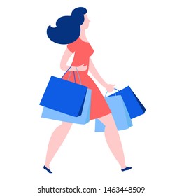 Woman walking holding paper bags with purchases . Summer sale discount black friday start . Blue, pink, red colors on white background. Vector illustration flat style.