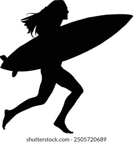 a woman walking with holding surfing board vector silhouette 