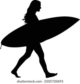 a woman walking with holding surfing board vector silhouette 