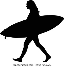 a woman walking with holding surfing board vector silhouette 