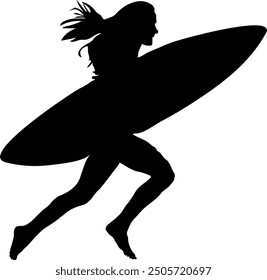 a woman walking with holding surfing board vector silhouette 