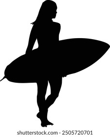 a woman walking with holding surfing board vector silhouette 