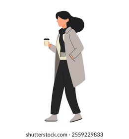 Woman walking holding takeaway coffee cup or take-away hot drink. Business woman with beverage outdoors isolated. Female going with takeout tea mug. Colored flat vector illustration