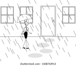 Woman walking to home during raining 