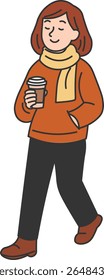 Woman Walking with a Hot Drink in Autumn Clothes