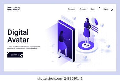 Woman walking inside smartphone to use metaverse. Digital Avatar landing page isometric template. Social media and artificial intelligence technology creative 3d vector illustration for web page