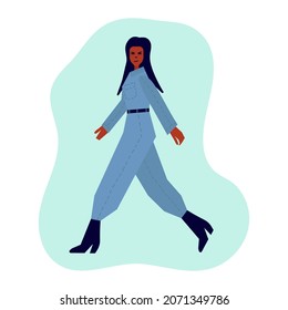Woman walking in jeans overalls and black boots. Woman flat style illustration. Vector stock sketch.