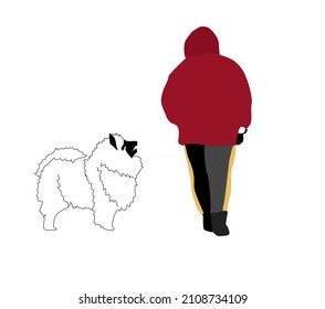 A woman walking with a Keeshond dog. City infographic. Flat image of a man