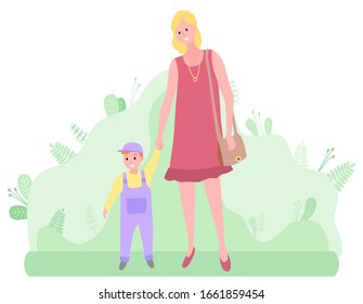 Woman walking with kid vector, mother and baby boy. Characters relaxing in forest, mom and child toddler with mommy on weekends spending time in spring