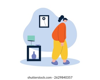 Mulher andando preguiçosamente dentro de casa, ilustração vetorial de preguiça.