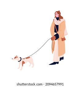 Woman walking and leading dog on leash. Winter stroll with puppy. Person going with doggy. Pet owner and canine animal outdoors on wintertime. Flat vector illustration isolated on white background