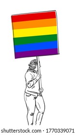 Woman walking with LGBT gay pride banner. Vector sketch, Hand drawn illustration