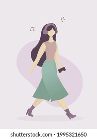 woman walking and listening to music vector illustration