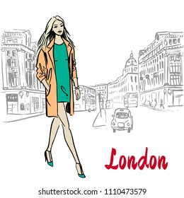 Woman walking in London, United Kingdom. Hand-drawn illustration. Fashion sketch